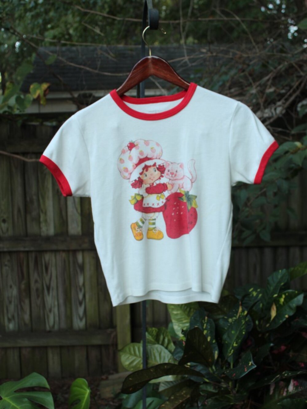 Vintage Style Strawberry Shortcake & Custard Graphic Ringer Tee - Size Medium